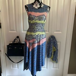Super fun& comfy BCBG blue gray peach & yellow flowy dress w/handkerchief bottom